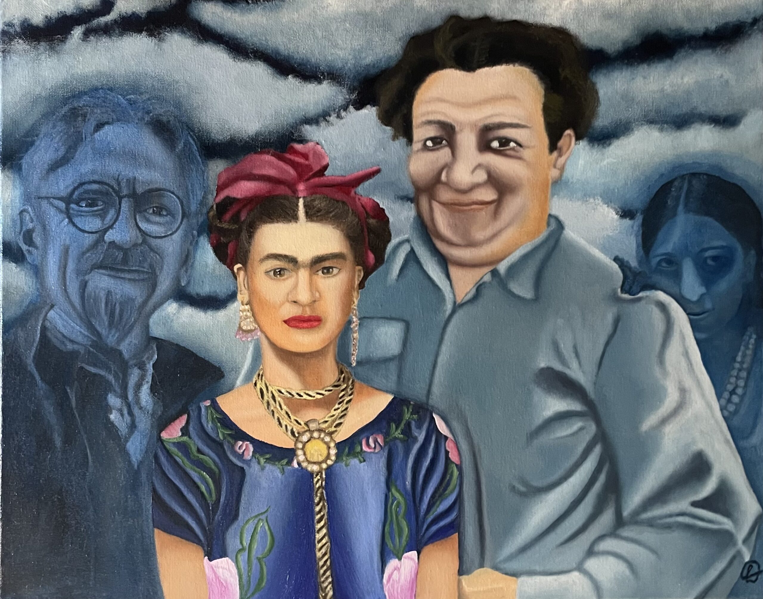 Frida Kahlo está na parte da frente da tela, com uma blusa azul com flores cor de rosa e pétalas verdes bordadas. Ela está com o cabelo preso em dois coques, com um lenço vinho na cabeça. Ela está usando um par de brincos dourados com pedras e um cordão dourado. Atrás de Frida está Diego, que usa uma camisa de manga comprida azul acinzentada. Ele é um homem gordo e tem cabelos castanhos. Atrás de Frida do lado esquerdo está Trotsky, representado como um espectro azul. Sua irmã, Cristina, está atrás de Diego e segura o ombro do cunhado, e também está representada como um espectro azul.