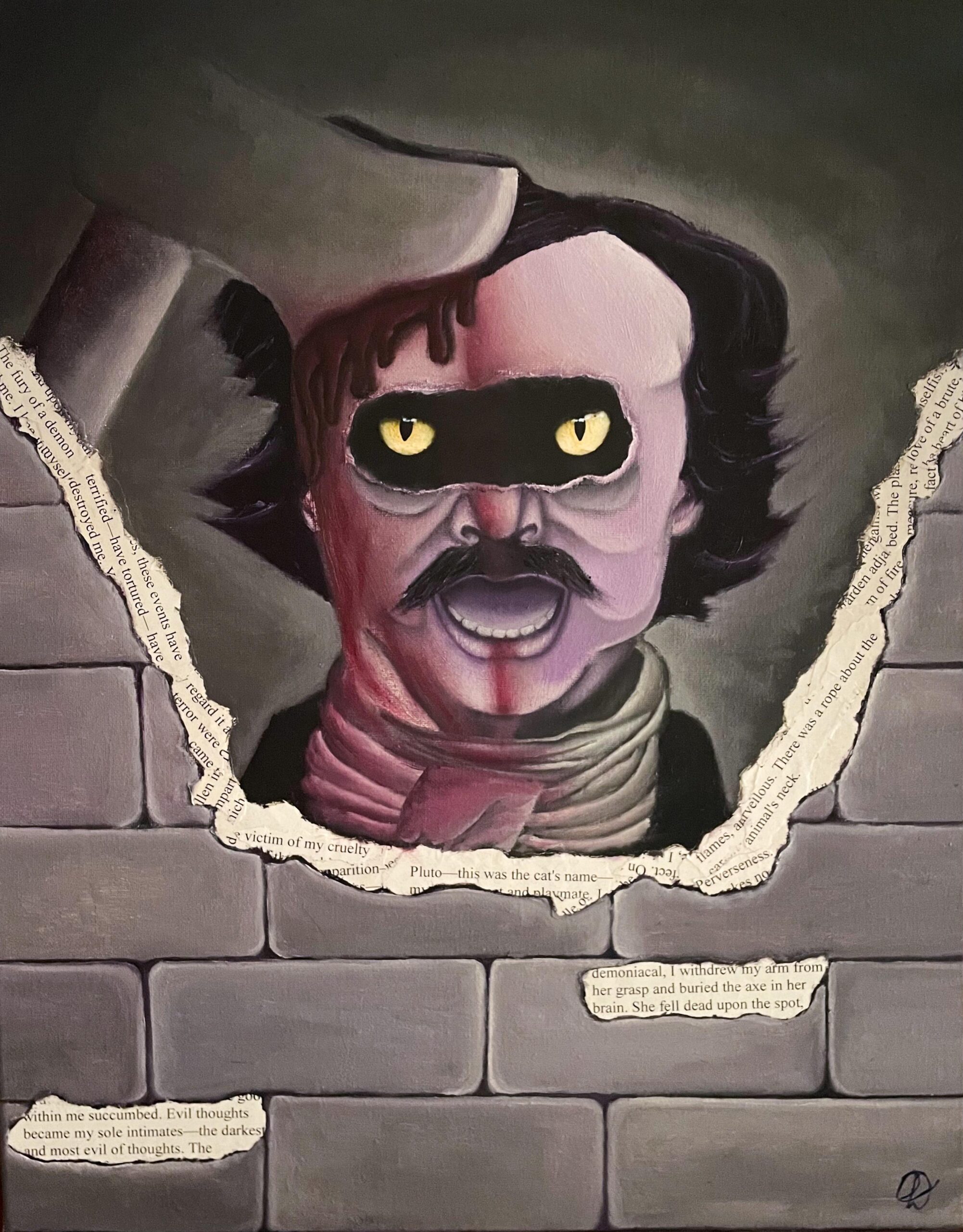 Imagem de Edgar Allan Poe com o tom de pele roxo e com um machado cravado em sua cabeça. Seus olhos são os olhos do gato preto. Ele está atrás de uma parede quebrada, na qual a parte quebrada são recortes do livro "Gato preto" | Image of Edgar Allan Poe with purple skin tone and an ax stuck in his head. His eyes are the black cat's eyes. He is behind a broken wall, in which the broken part are clippings from the book "Black Cat"