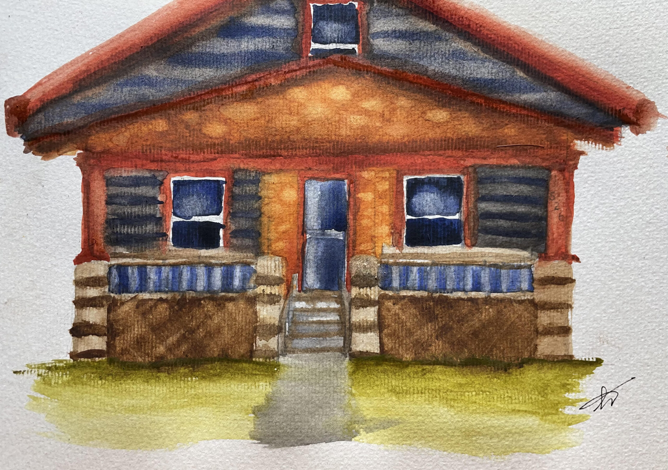 Aquarela da minha casa. As cores são uma mistura de cinza, pedras alaranjadas e colunas vermelhas. Tem uma pequena escada na frente | Watercolor of my house. The colors are gray, orange stones and red columns. There're some small stairs in front of it.