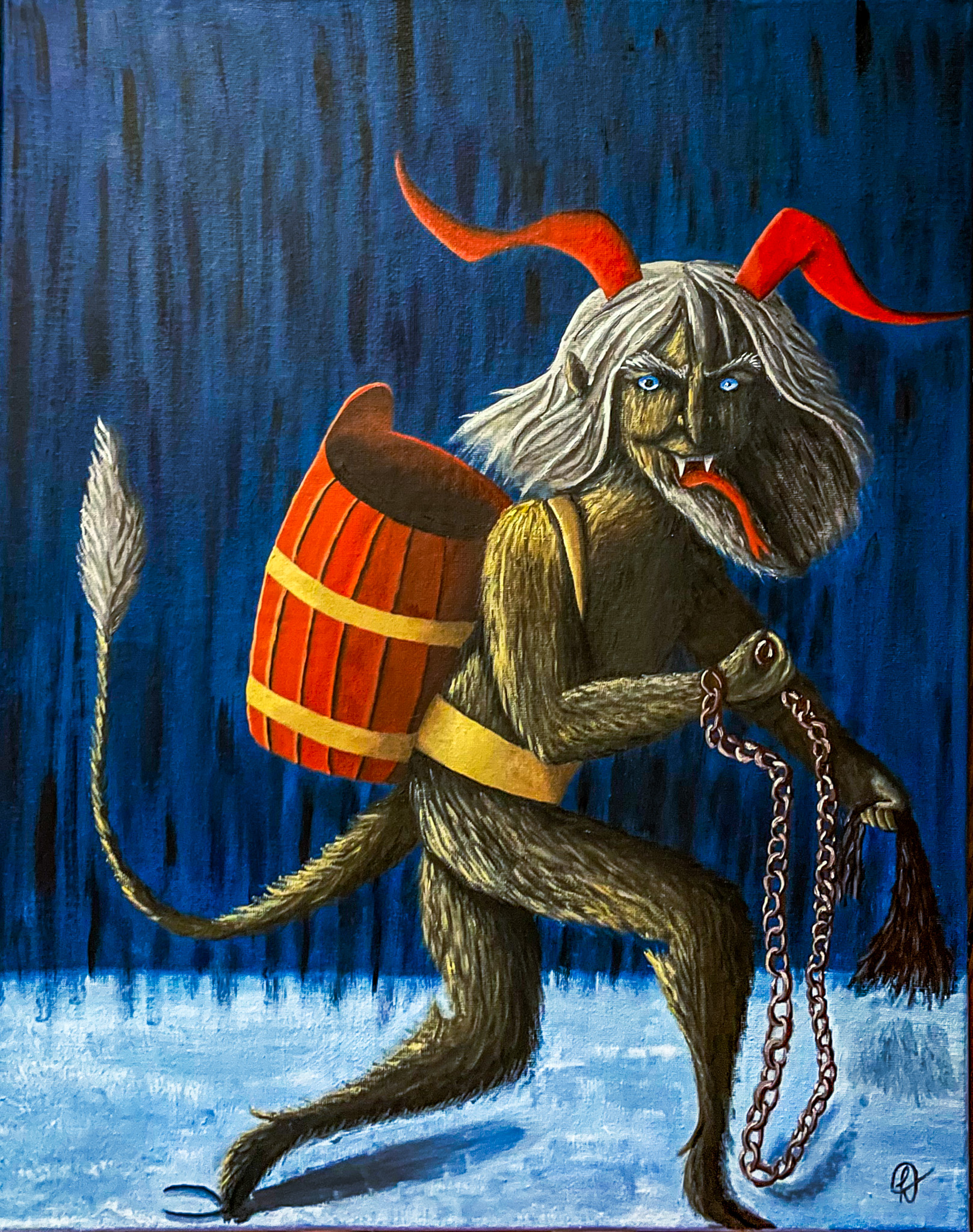 Krampus é uma criatura humanóide peluda, de cor marrom, com chifres vermelhos e cauda. Ele possui cabelos e barbicha brancos. Seus olhos são azuis. Ele está andando na neve segurando uma corrente com uma mão e um tipo de chicote na outra. Em suas costas ele carrega um barril vermelho.