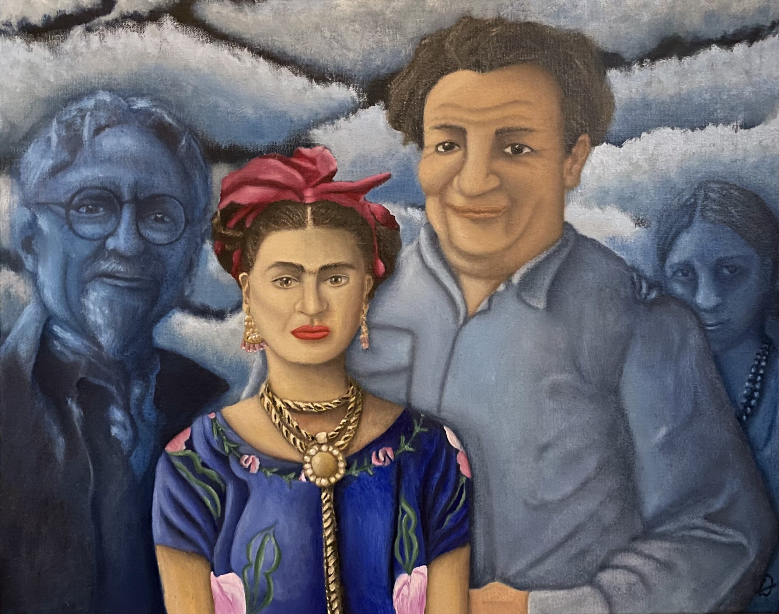 Frida Kahlo com mais definição no centro do quadro, Diego está atrás dela um pouco borrado, e Trotsky e sua irmã estão atrás, pintados de azul, como fantasmas | Frida Kahlo is very defined in the center of the image, Diego Rivera is behind her, a little blurry and Trotsky and her sister are painted in blue, like ghosts.