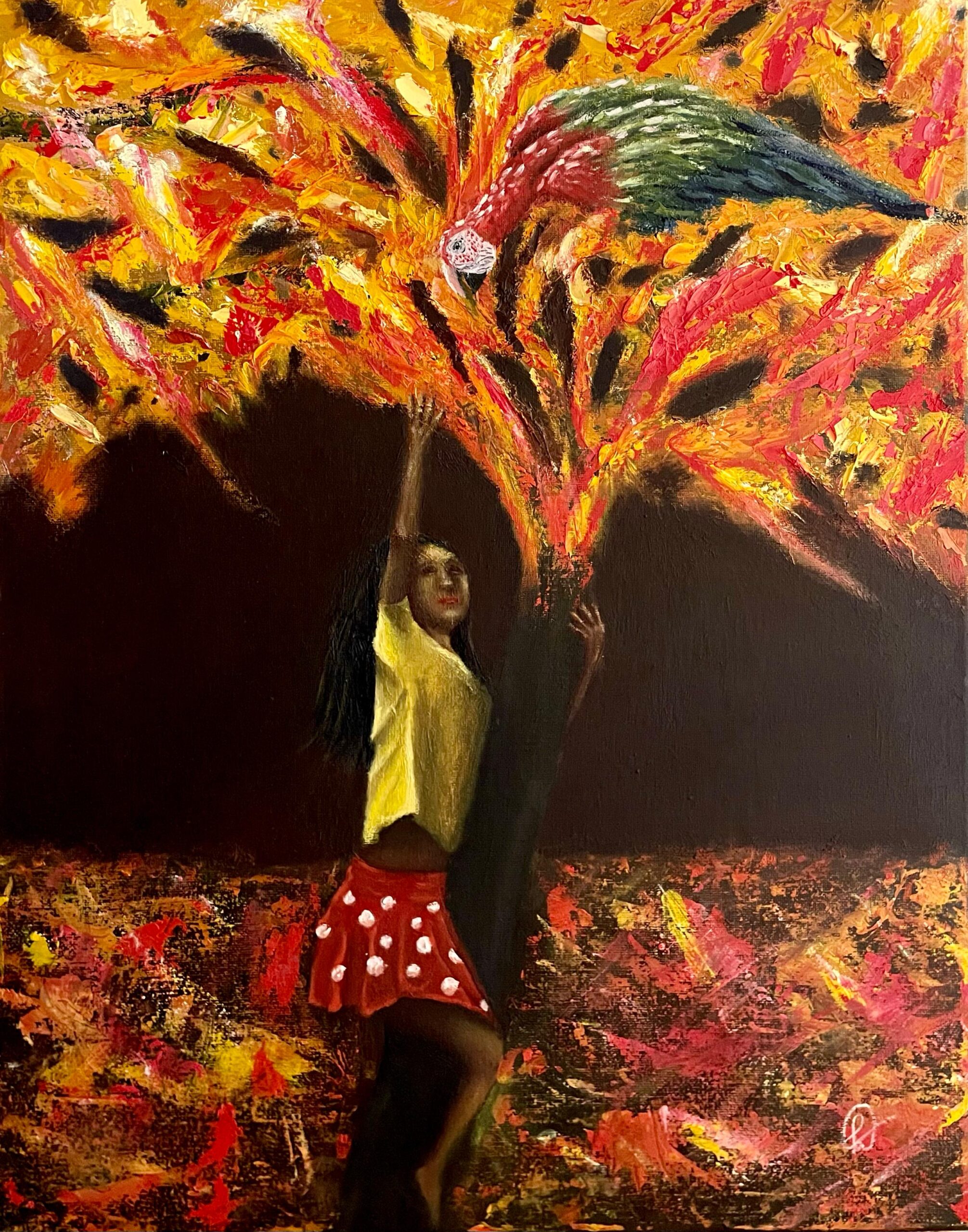 Menina indígena pendurada em uma árvore em chamas usando uma blusa amarela e uma saia vermelha com bolinhas brancas tentando salvar uma arara | Indigenous girl climbing a burning tree wearing a yellow blouse and a red skirt with white polka dots trying to save a macaw