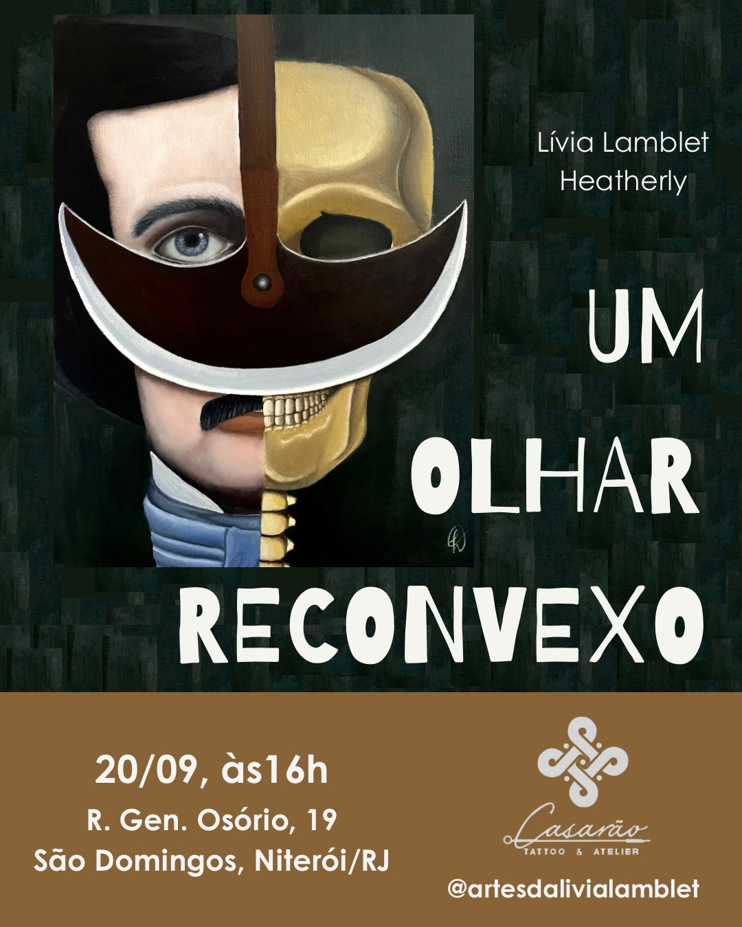 Imagem com o flyer da exposição, que será dia 20/09, às 16h, na Rua General Osório, 19 - São Domingos, Niterói/RJ, no Estúdio Casarão