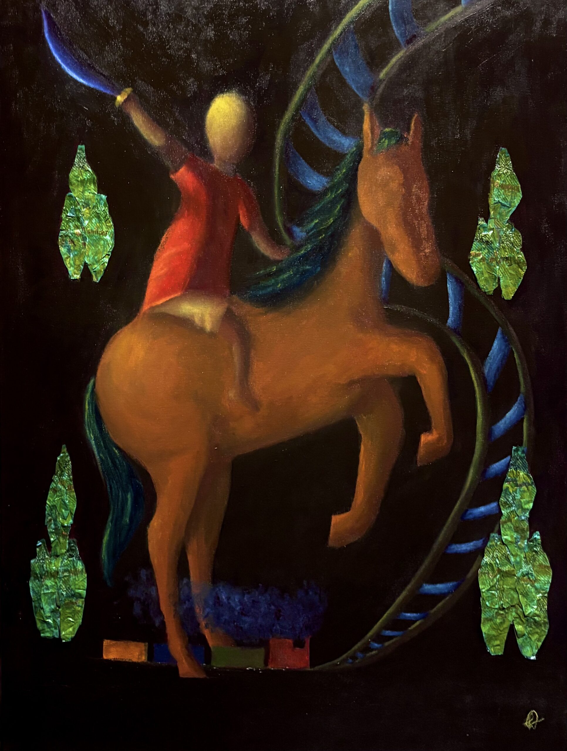 Em um fundo escuro, um menino negro vestido com uma camisa vermelha e uma bermuda cáqui monta em seu cavalo. O menino segura uma espada sobre sua cabeça. Por baixo, um trenzinho de brinquedo e os trilhos, que sobem para o céu. Em volta, papéis de bala pintados representam a planta Espada de São Jorge.