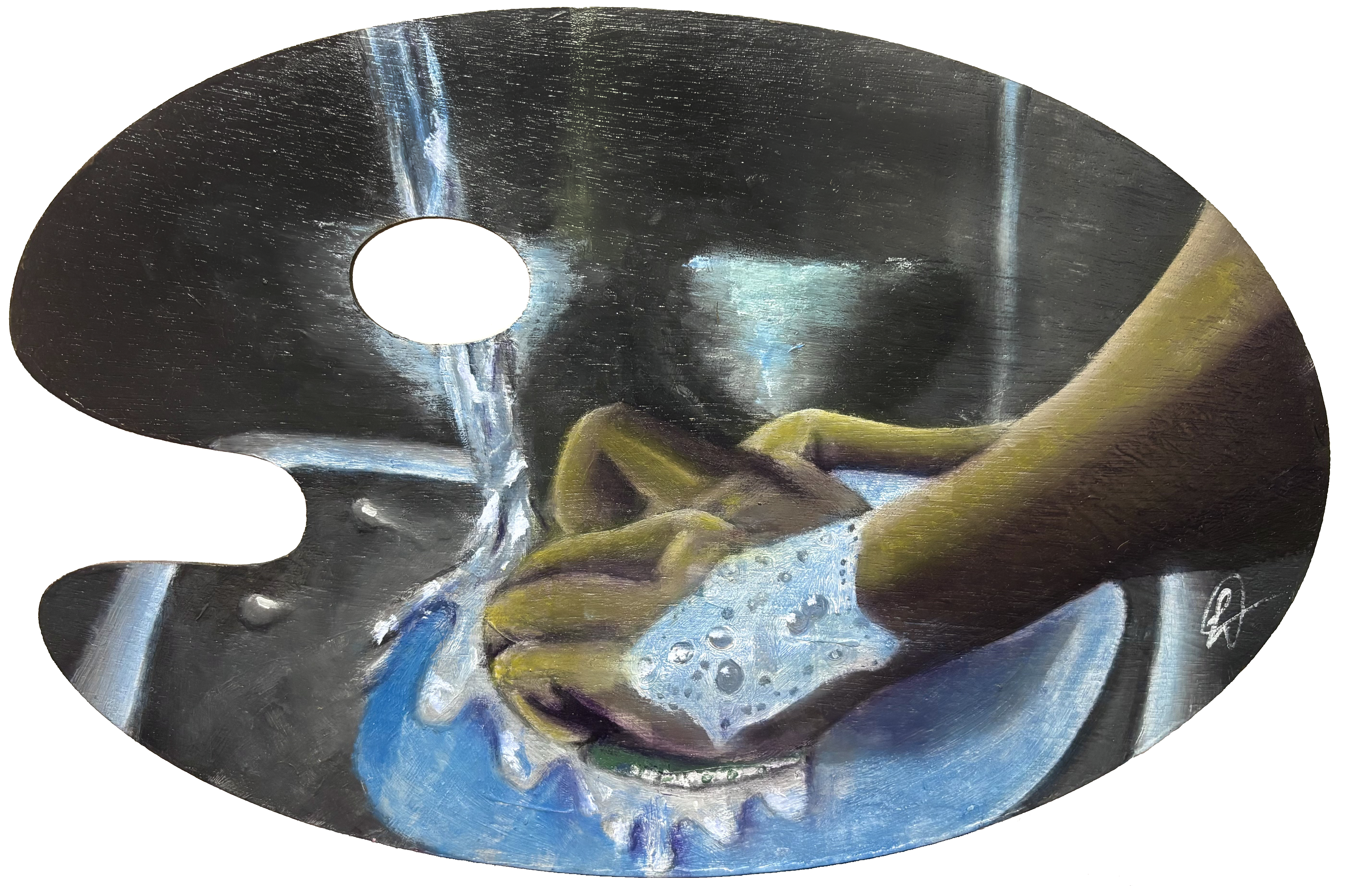 Paleta de tinta feita com madeira pintada. O desenho é uma mão lavando louça.