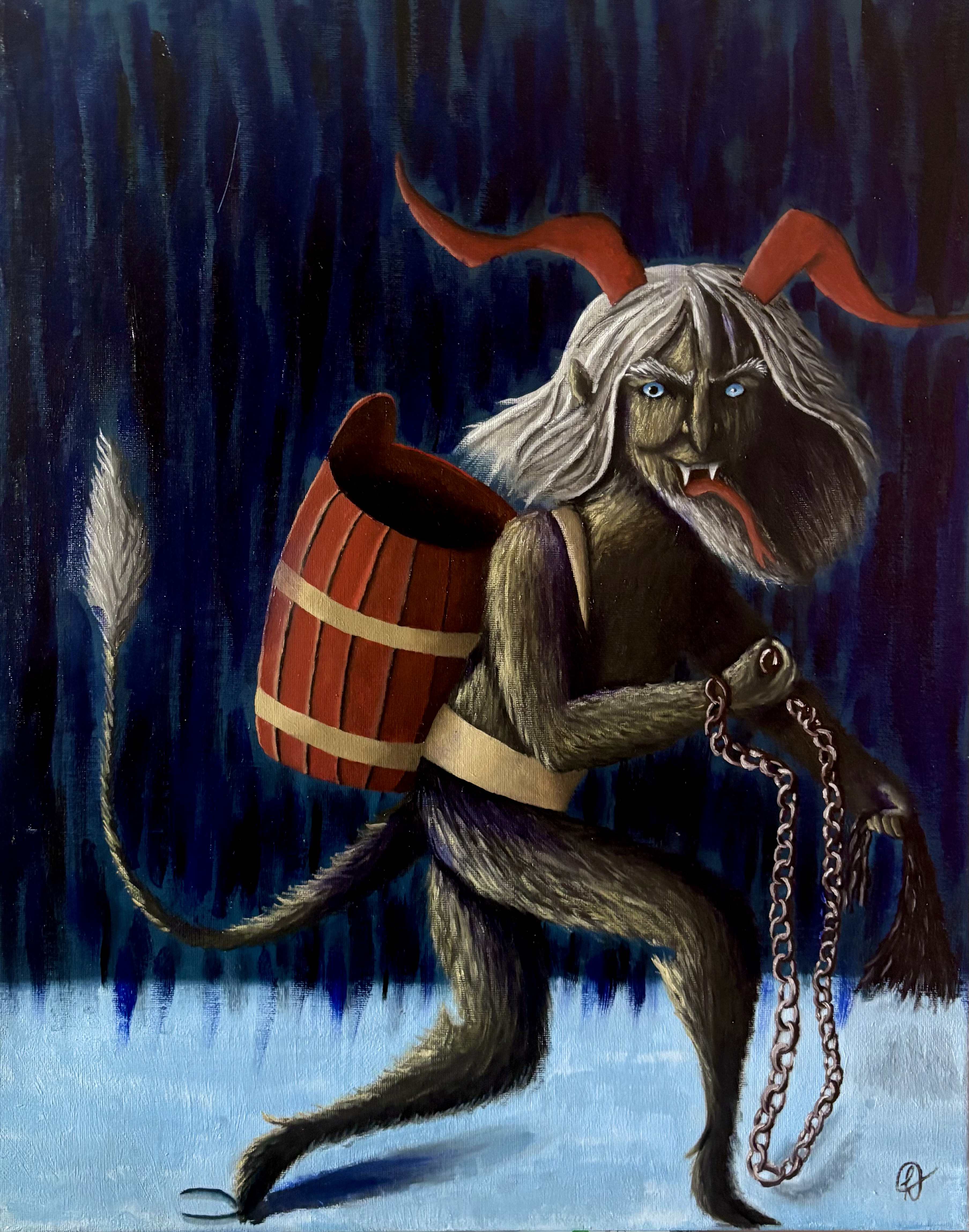 Krampus é uma criatura humanóide peluda, de cor marrom, com chifres vermelhos e cauda. Ele possui cabelos e barbicha brancos. Seus olhos são azuis. Ele está andando na neve segurando uma corrente com uma mão e um tipo de chicote na outra. Em suas costas ele carrega um barril vermelho.