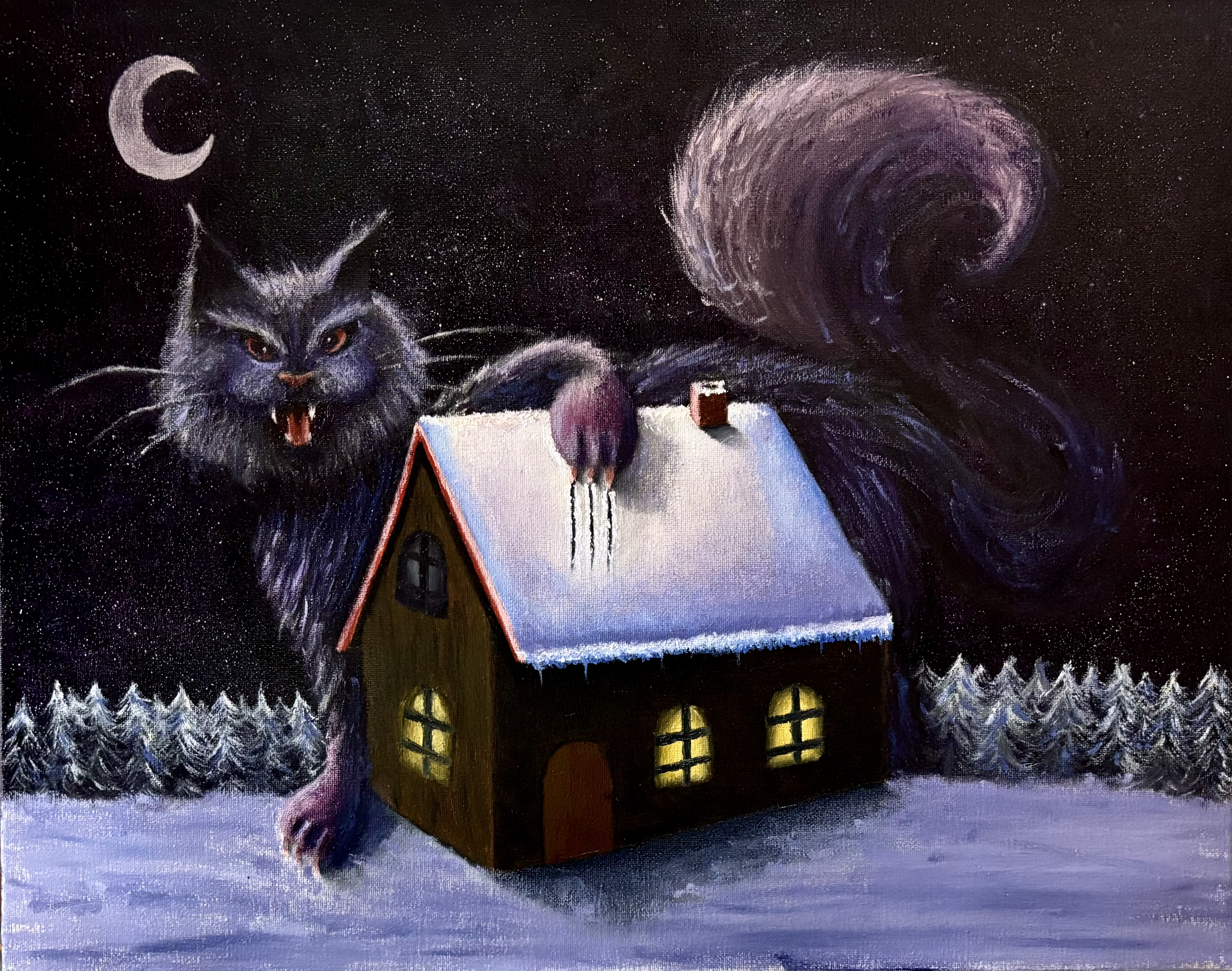 Yule Cat arranhando uma casa em um local cheio de neve | Yule Cat scratching a house in a snowy place