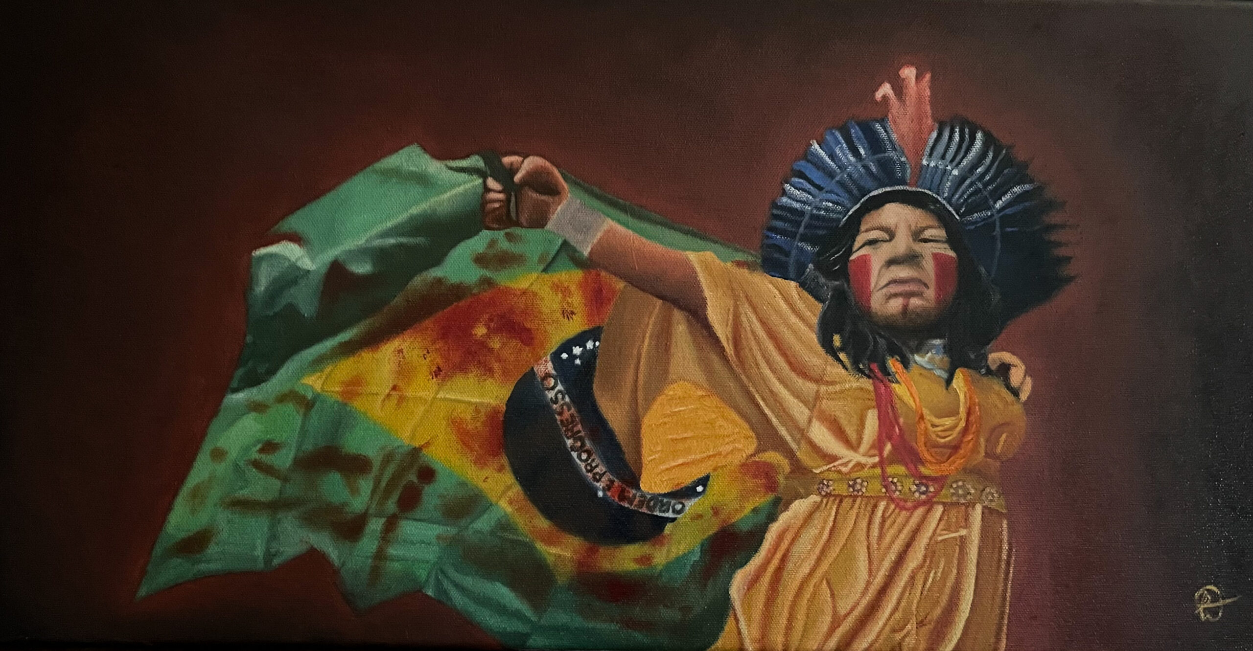 Minha pintura da Sônia Guajajara segurando a bandeira do Brasil manchada de sangue