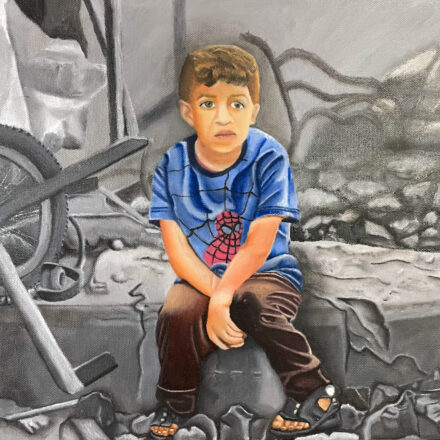 O menino palestino sentado nos destroços
