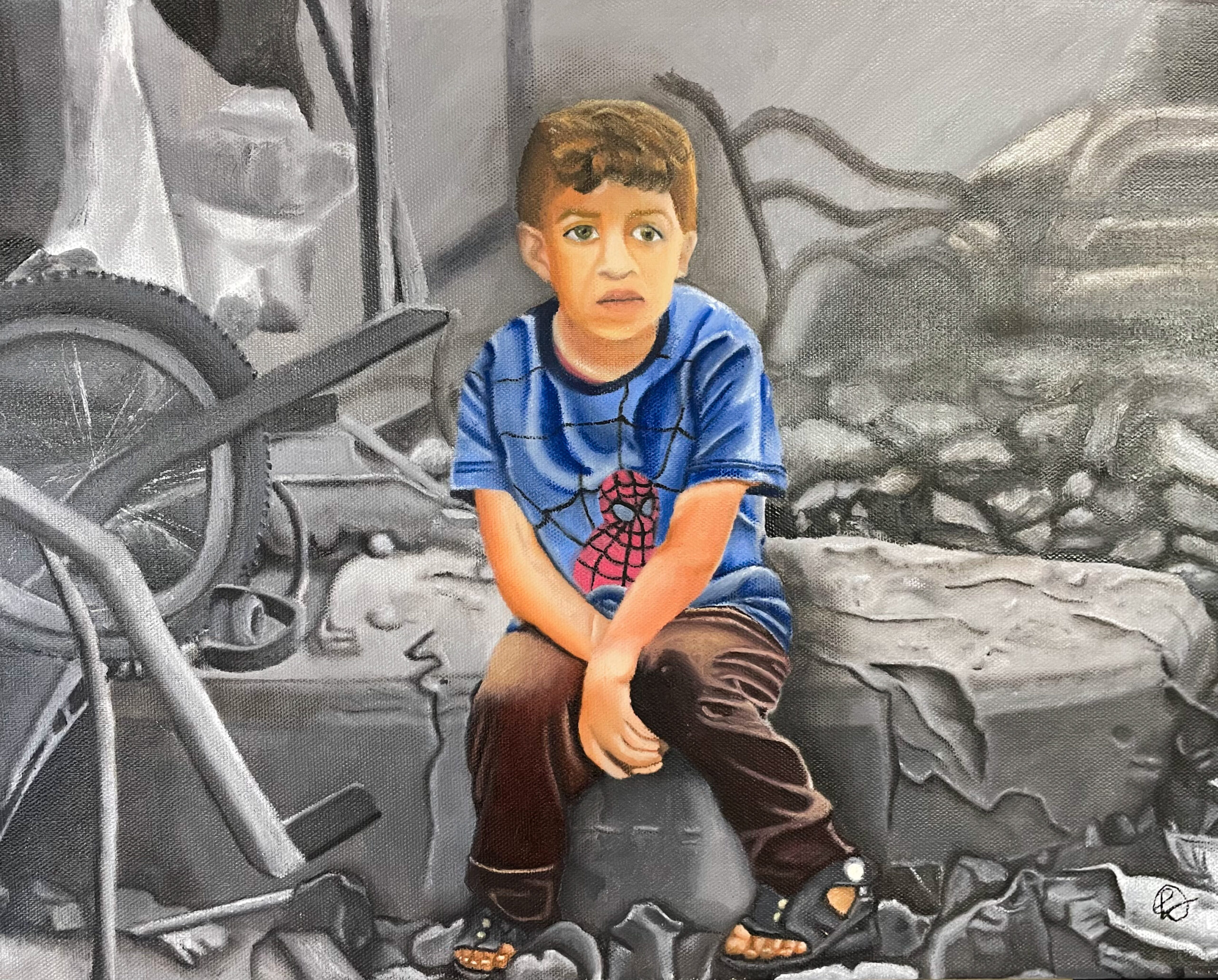 O menino palestino sentado sobre os escombros. Óleo sobre tela. The palestinian kid sitting on the debris. Oil on canvas.