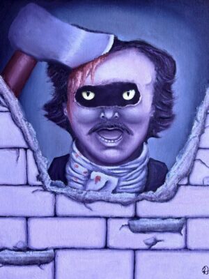 Dentro da parede Imagem de Edgar Allan Poe com o tom de pele roxo e com um machado cravado em sua cabeça. Seus olhos são os olhos do gato preto. Ele está atrás de uma parede quebrada, na qual a parte quebrada são recortes do livro "Gato preto" | Image of Edgar Allan Poe with purple skin tone and an ax stuck in his head. His eyes are the black cat's eyes. He is behind a broken wall, in which the broken part are clippings from the book "Black Cat"