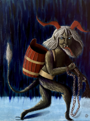 IMG_4075 Krampus é uma criatura humanóide peluda, de cor marrom, com chifres vermelhos e cauda. Ele possui cabelos e barbicha brancos. Seus olhos são azuis. Ele está andando na neve segurando uma corrente com uma mão e um tipo de chicote na outra. Em suas costas ele carrega um barril vermelho.