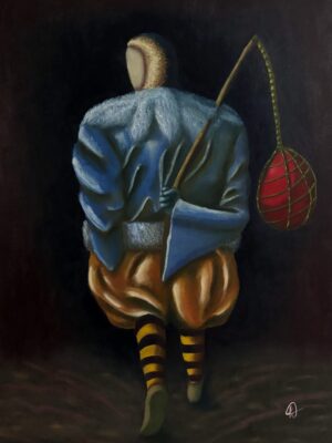 IMG_5005 Pintura de um Bate-Bola de costas, se revirando para trás. A roupa dele tem a camisa azul com plumas na gola e um short laranja. Suas meias são roxas e amarelas, listradas. A bola é vermelha e ele segura com a mão para trás. O fundo é bem escuro