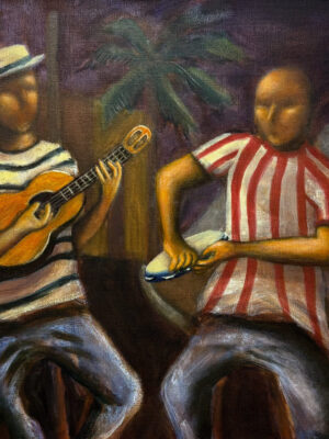 Os sambistas Pintura de dois homens sentados tocando instrumentos. O da esquerda usa uma camisa com listras horizontais brancas e pretas, toca um cavaquinho e usa um chapéu. O da direita usa uma camisa com listras verticais brancas e vermelhas e toca um pandeiro. Ao fundo, a Pedra do Sal, um coqueiro e algumas casas