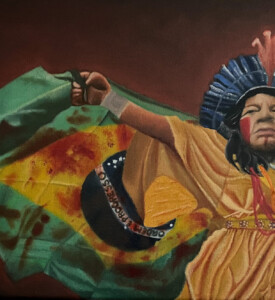 Minha pintura da Sônia Guajajara segurando a bandeira do Brasil manchada de sangue