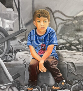 O menino palestino sentado sobre os escombros. Óleo sobre tela. The palestinian kid sitting on the debris. Oil on canvas.