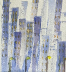 Pintura em aquarela de prédios com luzes amarelas