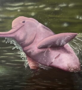 Pintura de um boto rosa saltando de um rio