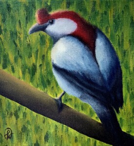 Pintura do pássaro Soldadinho-do-Araripe, que tem o corpo branco e preto com um topete vermelho em cima de um galho. O fundo da obra é em tons de verde.