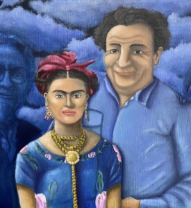 Frida Kahlo no centro do quadro, com Diego Rivera um pouco atrás. Ao lado deles, os espectros da relação: Trotsky e a irmã de Frida