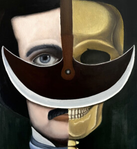 Pintura de Edgar Allan Poe metade homem e metade caveira, com um pêndulo afiado no meio