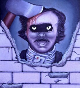 Imagem de Edgar Allan Poe com o tom de pele roxo e com um machado cravado em sua cabeça. Seus olhos são os olhos do gato preto. Ele está atrás de uma parede quebrada, na qual a parte quebrada são recortes do livro "Gato preto" | Image of Edgar Allan Poe with purple skin tone and an ax stuck in his head. His eyes are the black cat's eyes. He is behind a broken wall, in which the broken part are clippings from the book "Black Cat"