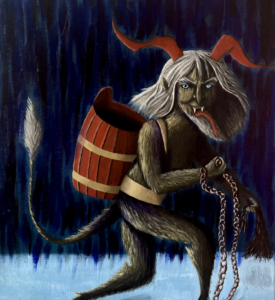 Krampus é uma criatura humanóide peluda, de cor marrom, com chifres vermelhos e cauda. Ele possui cabelos e barbicha brancos. Seus olhos são azuis. Ele está andando na neve segurando uma corrente com uma mão e um tipo de chicote na outra. Em suas costas ele carrega um barril vermelho.