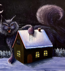 Yule Cat arranhando uma casa em um local cheio de neve | Yule Cat scratching a house in a snowy place