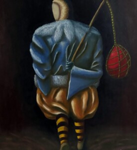 Pintura de um Bate-Bola de costas, se revirando para trás. A roupa dele tem a camisa azul com plumas na gola e um short laranja. Suas meias são roxas e amarelas, listradas. A bola é vermelha e ele segura com a mão para trás. O fundo é bem escuro