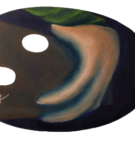 Pintura em paleta de madeira mostrando uma mão segurando uma caixa
