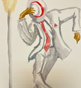 Pintura em aquarela de um malandro com um terno branco, um chapéu branco com um detalhe vermelho, um lenço vermelho no bolso do paletó e uma gravata branca. Ao seu lado, um lustre amarelo.